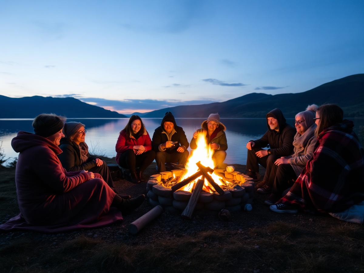 Group gathered around a campfire beside a Highland loch at dusk