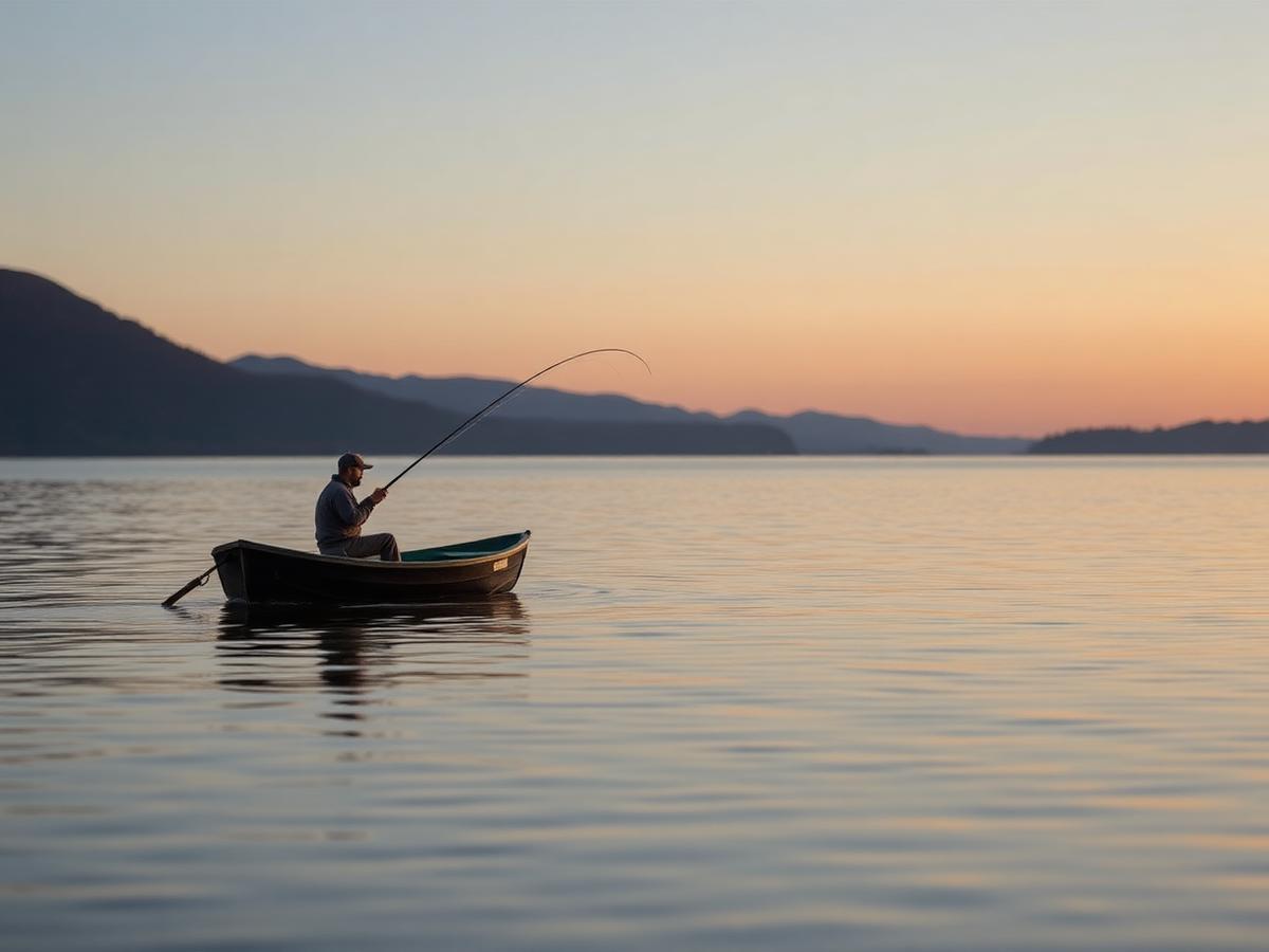 Angler casting from a small boat on a Highland loch at dawn
