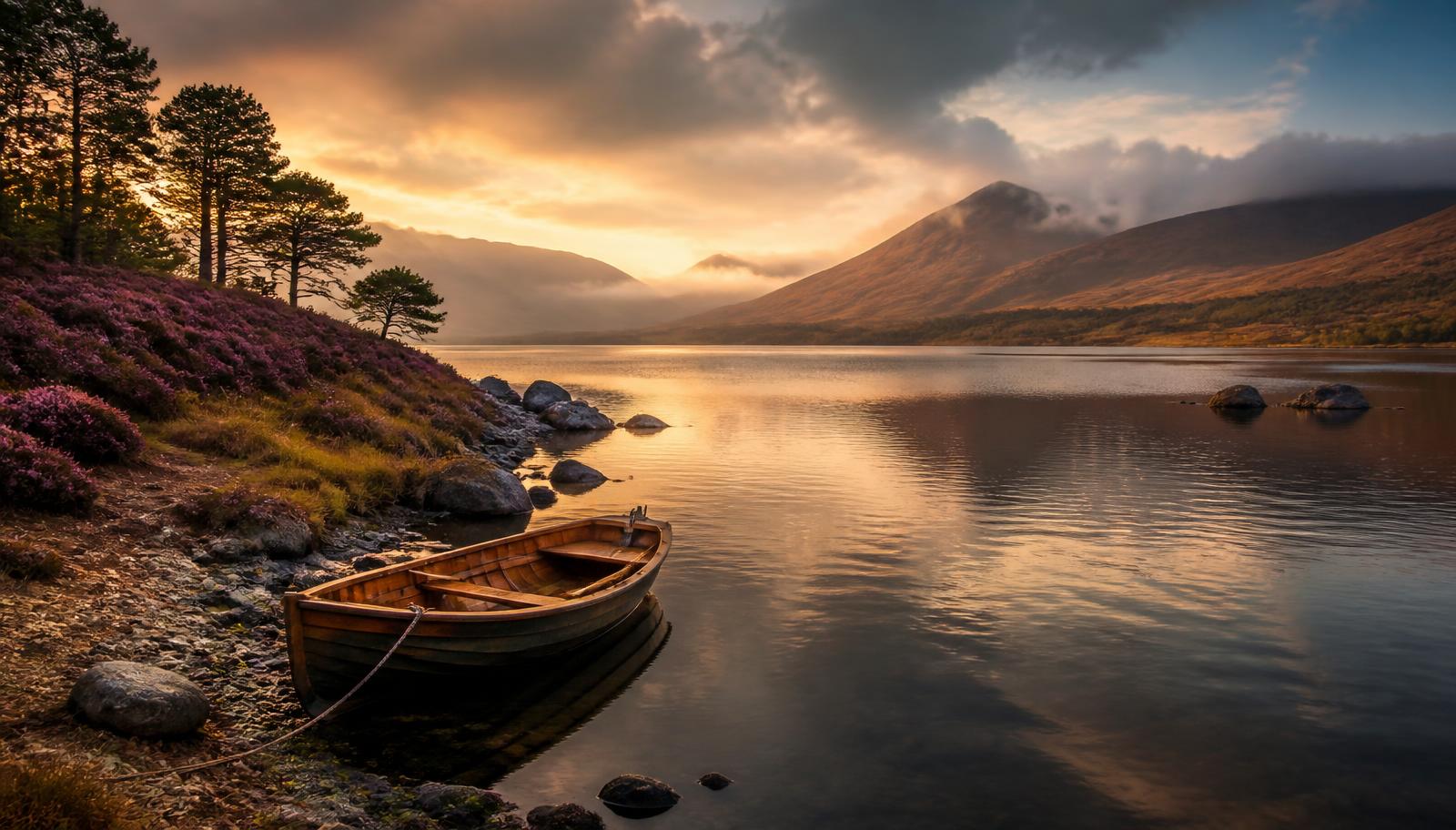 Rowing boat on the shore of a Highland loch at sunrise